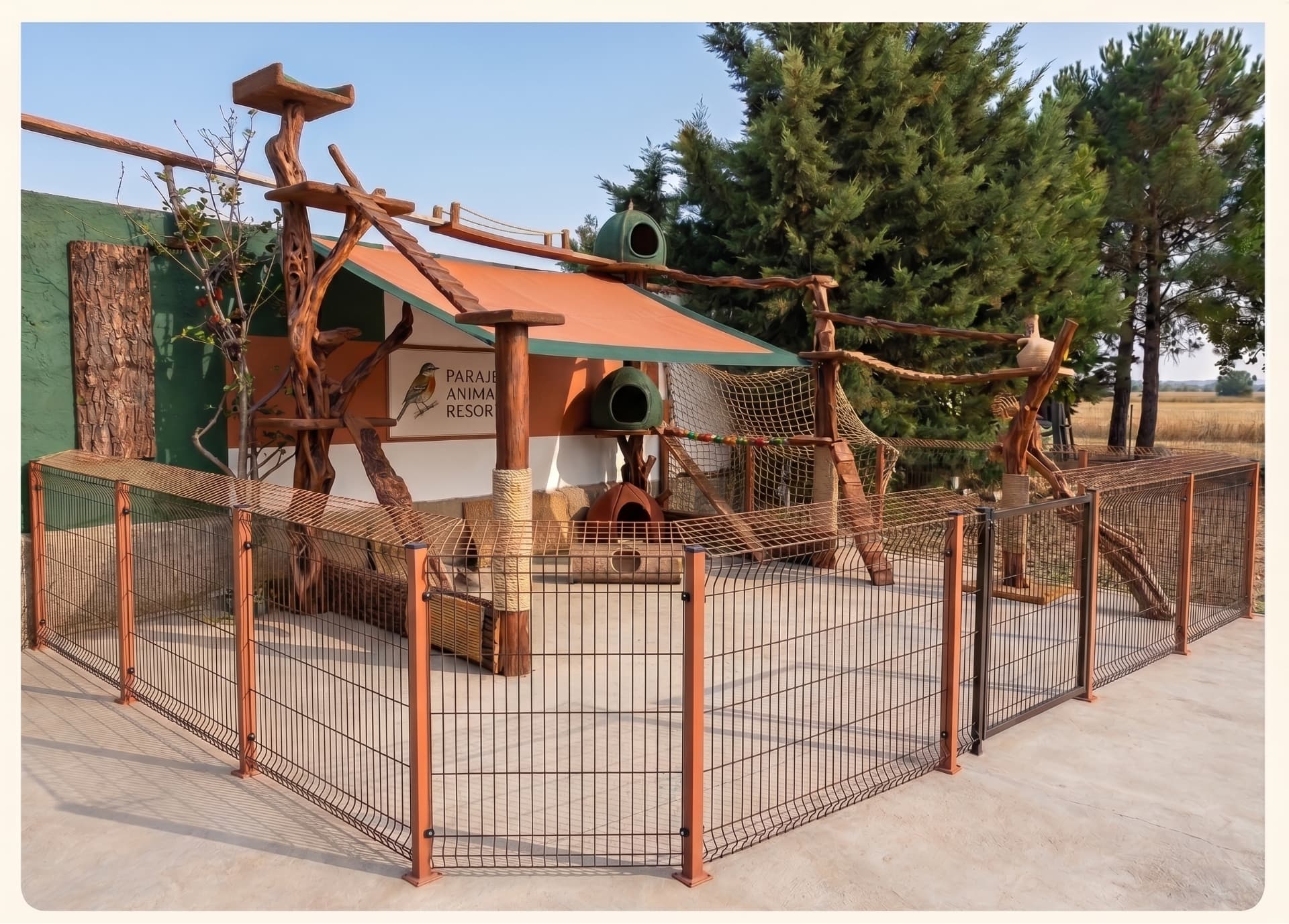 Rincón felino exterior con estructuras de juego y descanso