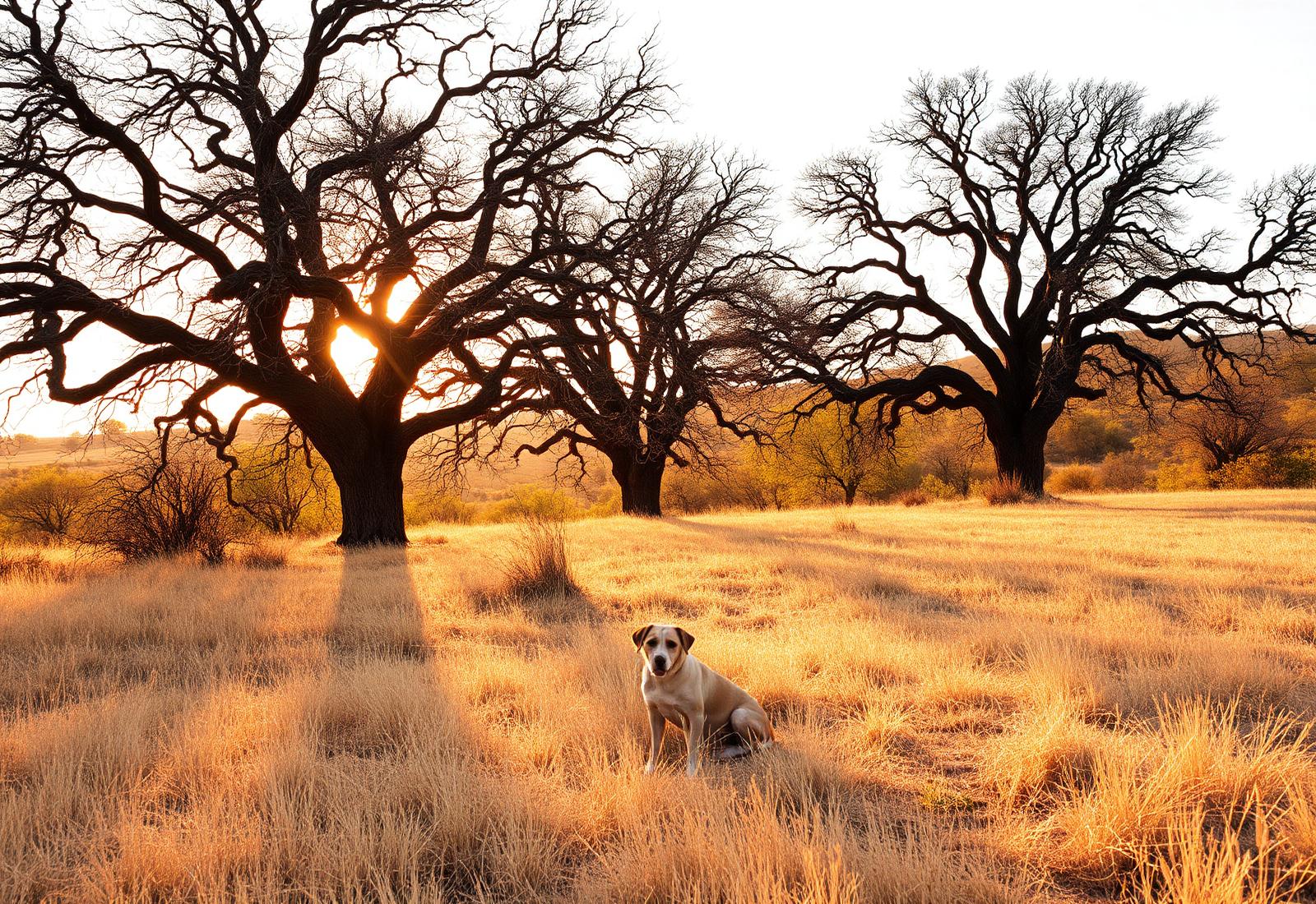 Dehesa extremeña al atardecer con encinas centenarias y un perro descansando